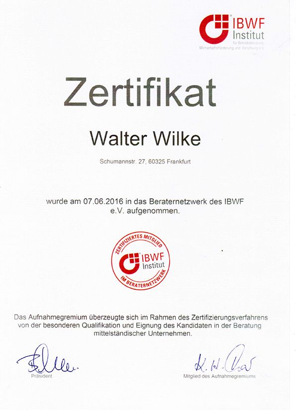 IBWF Zertifikat für Walter Wilke
